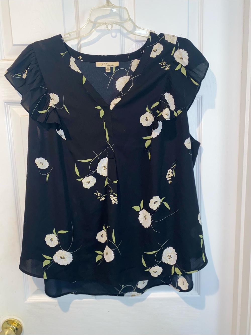 Black Floral V-Neck Ruffle Cap Sleeve Blouse